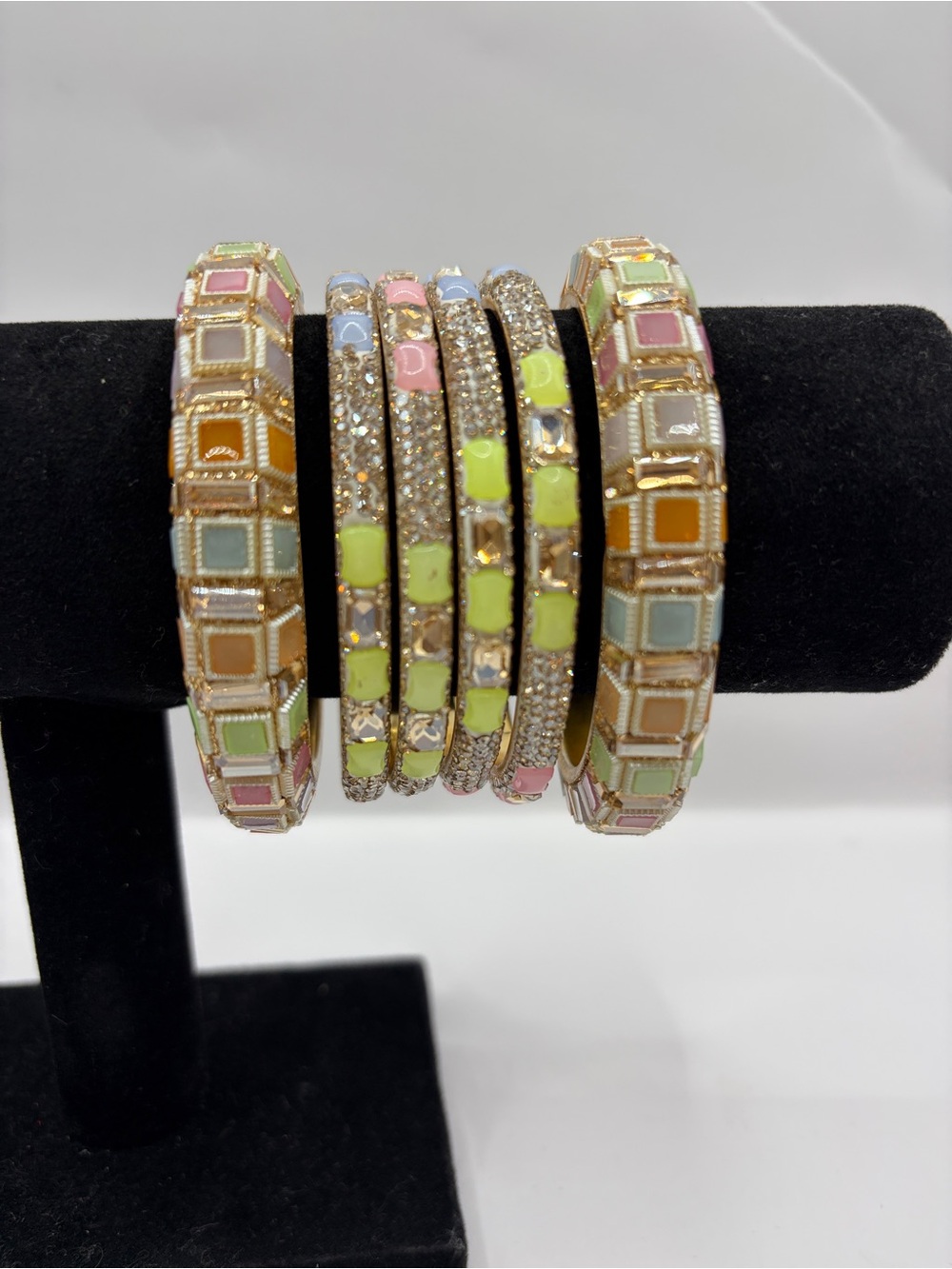 Pastel Multi-Color Stackable Enamel Crystal Bangle Bracelet Set